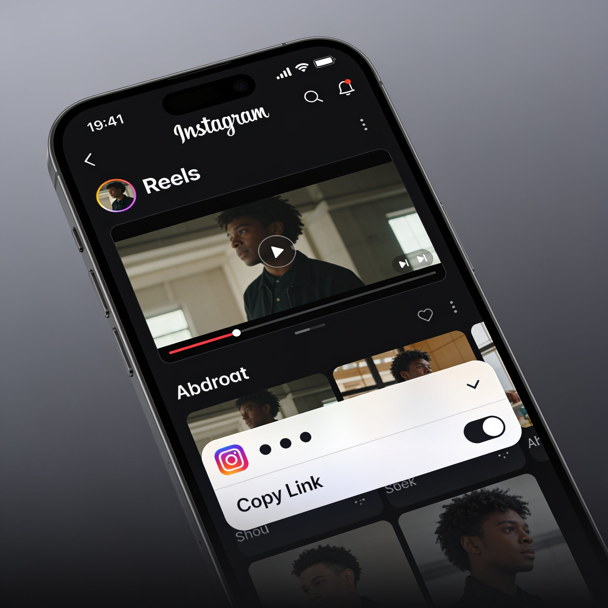Android Instagram app showing a Reel with the three-dot menu open and Copy Link option highlighted