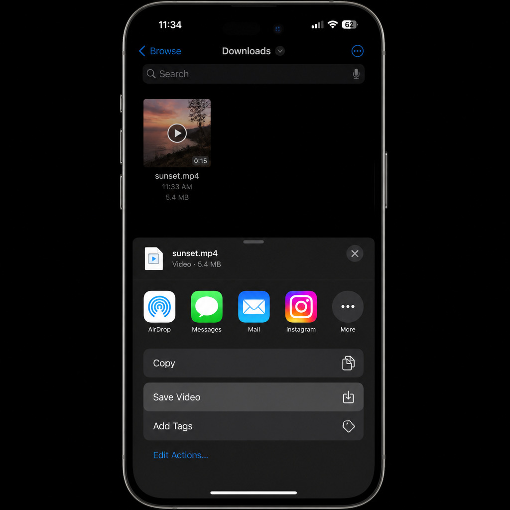 iPhone Files app showing downloaded Instagram Reel video in the Downloads folder with the Share menu open