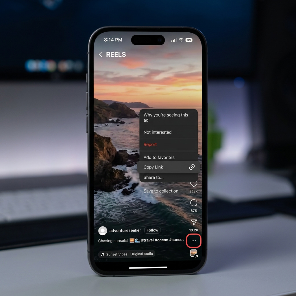 iPhone screen showing Instagram Reel with the three-dot menu open and Copy Link option visible